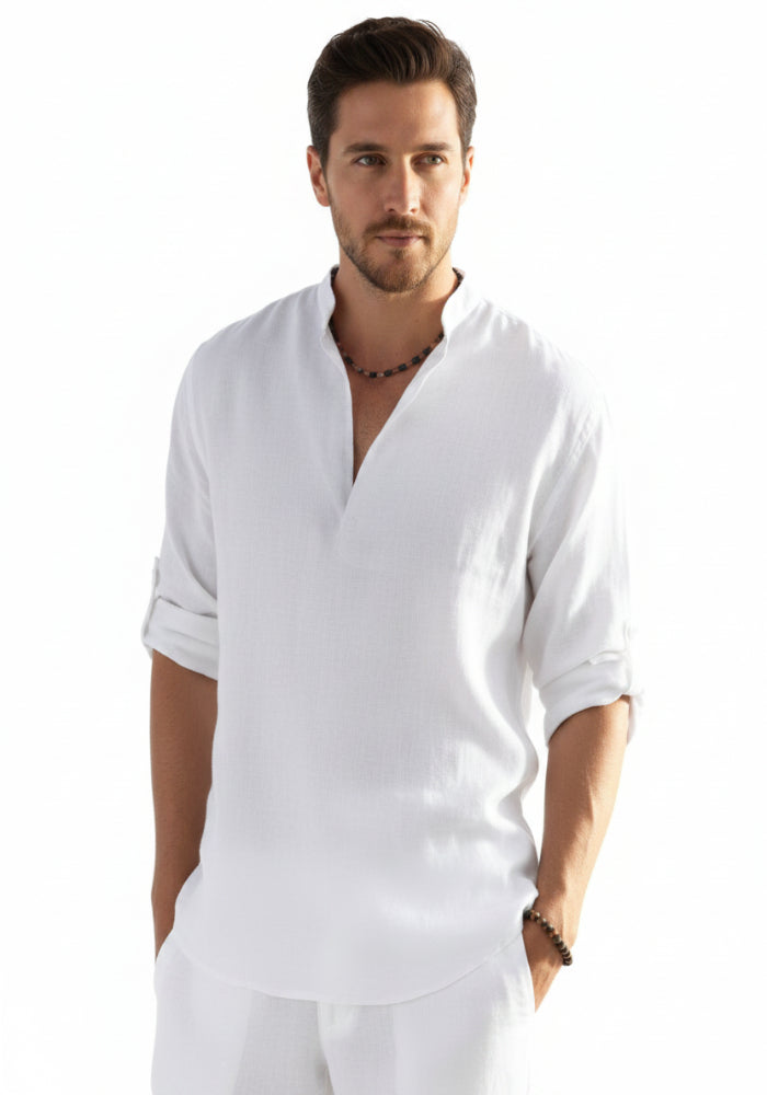 Camicie da uomo in cotone e lino da spiaggia Henley a maniche lunghe leggere