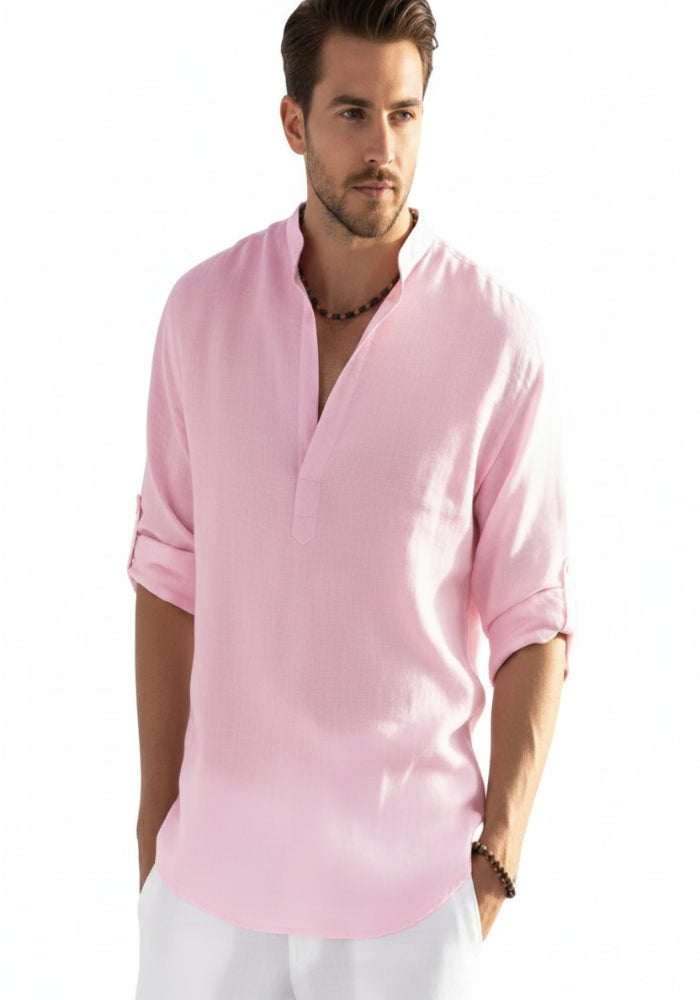 Camicie da uomo in cotone e lino da spiaggia Henley a maniche lunghe leggere