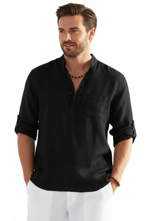 Camicie da uomo in cotone e lino da spiaggia Henley a maniche lunghe leggere