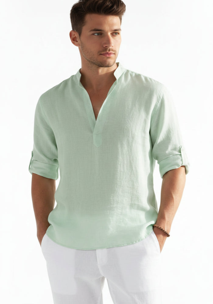 Camicie da uomo in cotone e lino da spiaggia Henley a maniche lunghe leggere