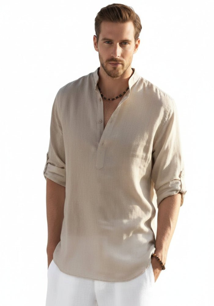 Camicie da uomo in cotone e lino da spiaggia Henley a maniche lunghe leggere